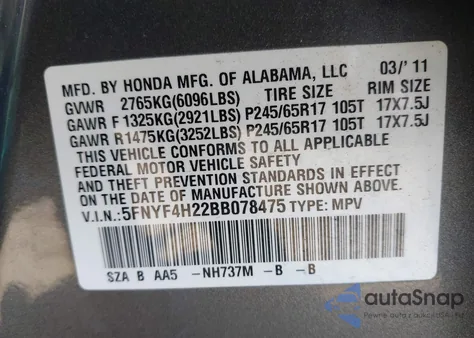 2011 Honda Pilot Lx из США, поврежденный, VIN 5FNYF4H22BB078475